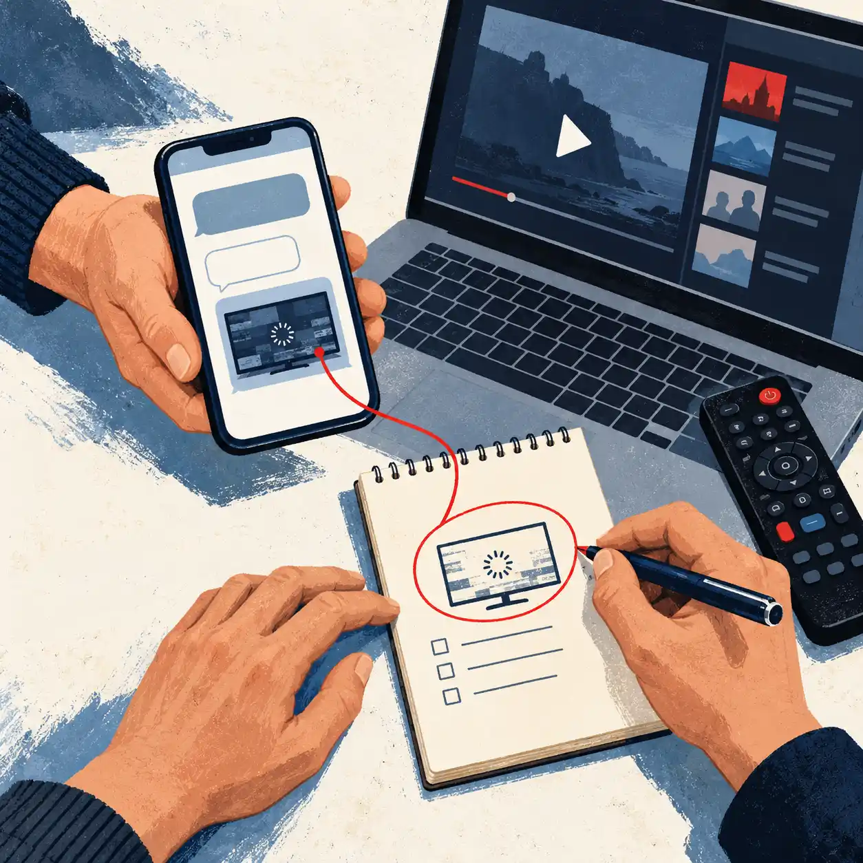 IPTV support illustration showing a customer’s phone message, a laptop and handwritten notes about a playback problem.