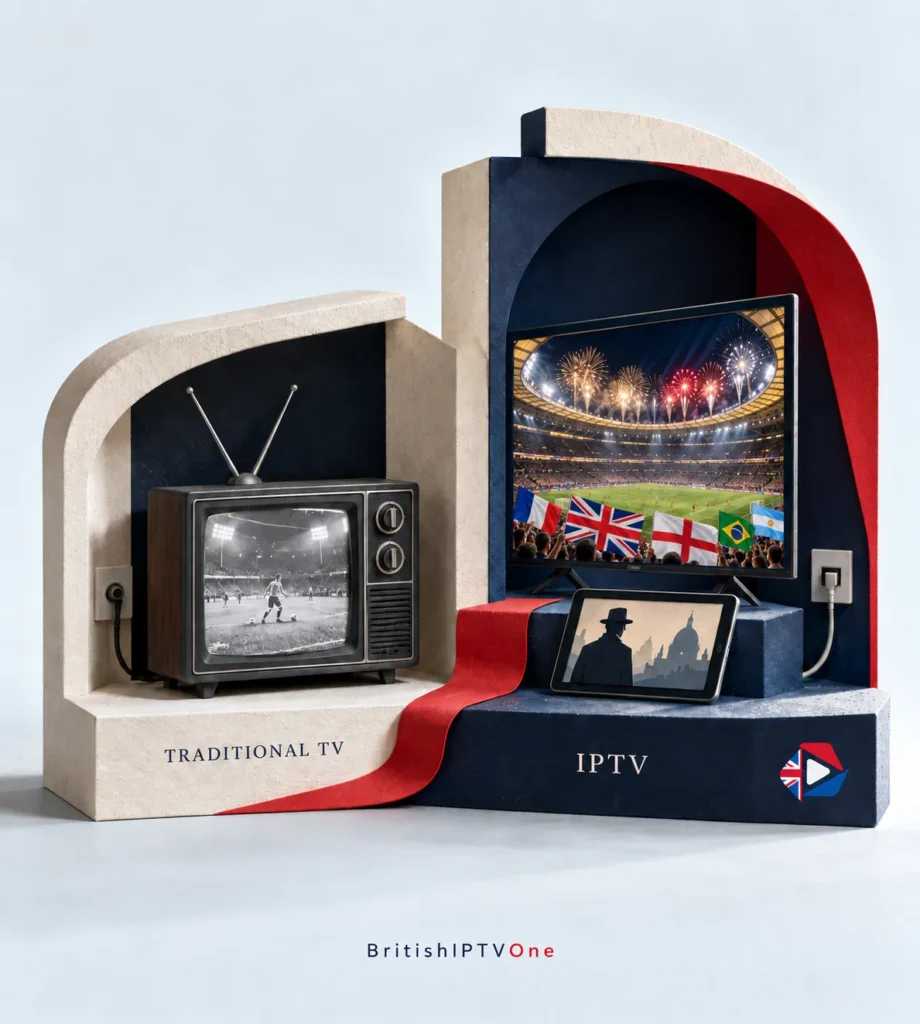Illustrated comparison of traditional TV and an IPTV service, with football on a modern screen and films on a tablet.