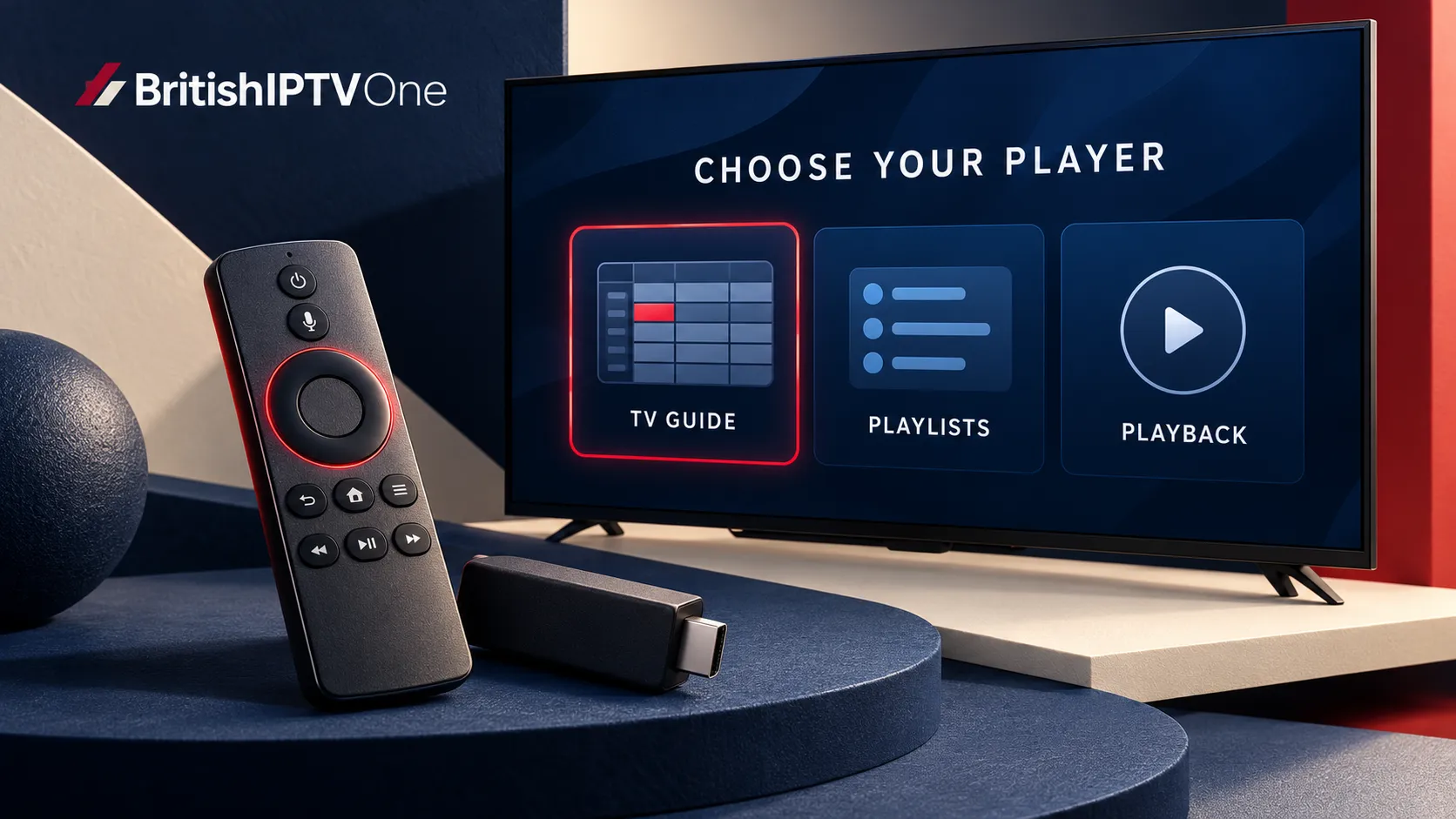 Choosing the best IPTV app for Firestick, illustrated with a remote, streaming stick and TV showing guide, playlist and playback options.
