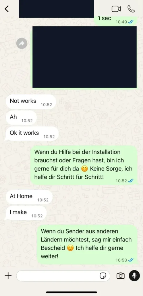 WhatsApp setup conversation with a customer confirming that IPTV playback works