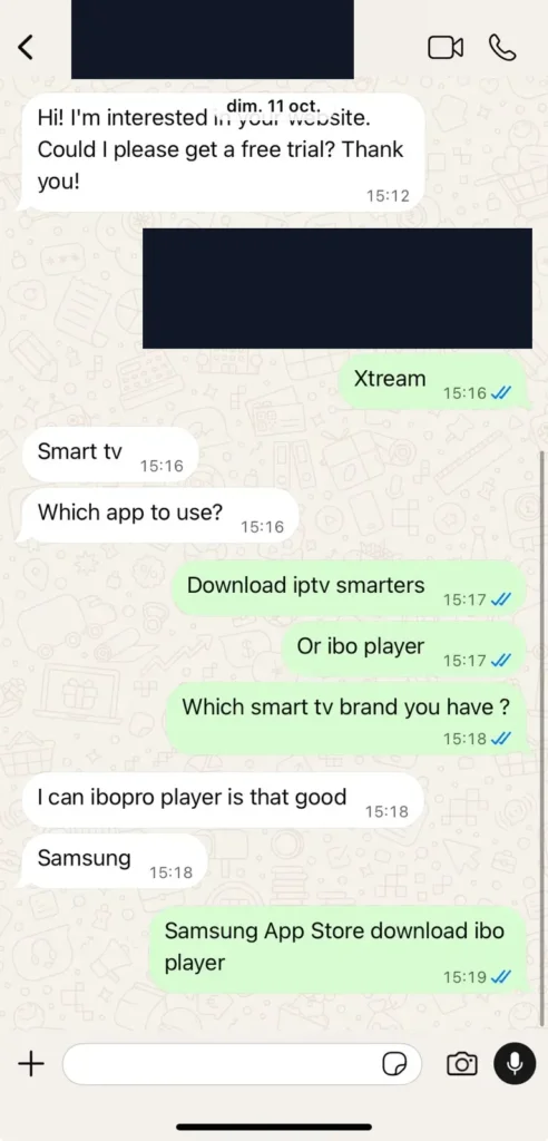 WhatsApp conversation with BritishIPTVOne about choosing an IPTV player for a Samsung Smart TV