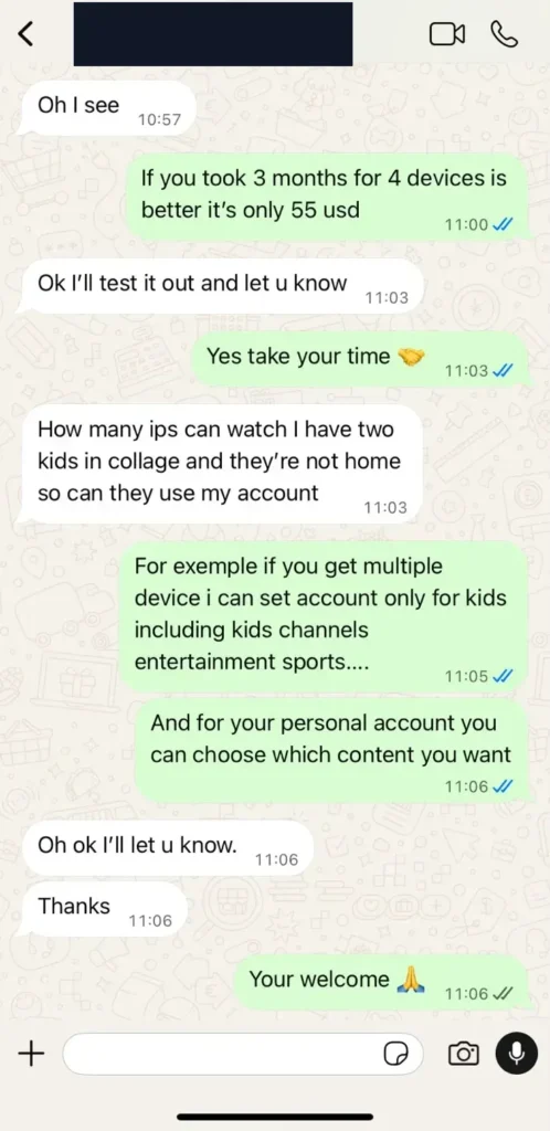 WhatsApp conversation about simultaneous IPTV streams and viewing options for a family