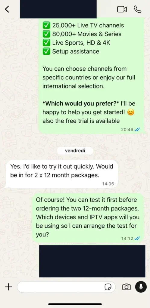 WhatsApp conversation with BritishIPTVOne about two annual IPTV plans and device setup