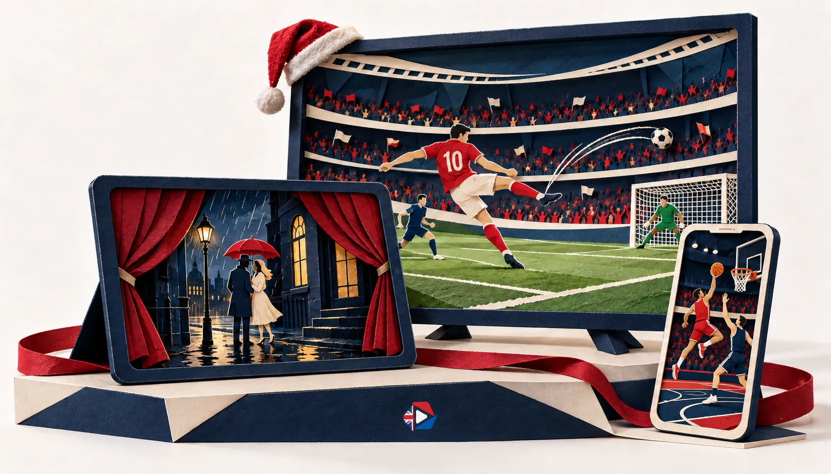 Paper-art illustration of football on a TV, a cinema scene on a tablet and basketball on a phone.