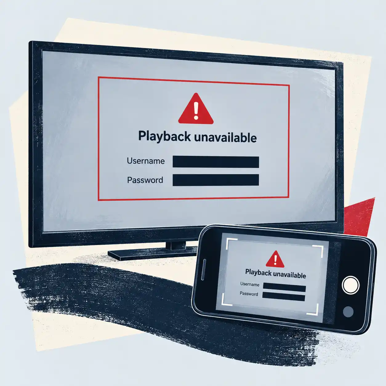 Television and phone showing a playback error with the username and password concealed.