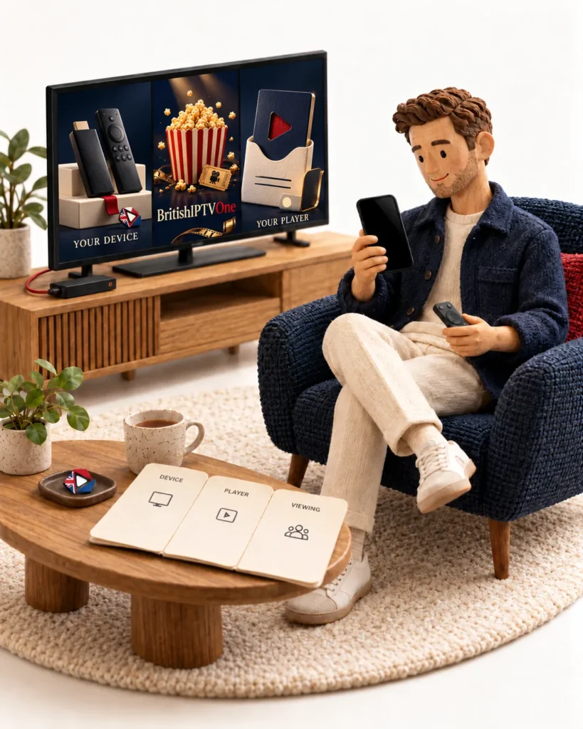 IPTV setup illustration of a sculpted viewer holding a phone and remote beside a TV showing device, cinema and player options.