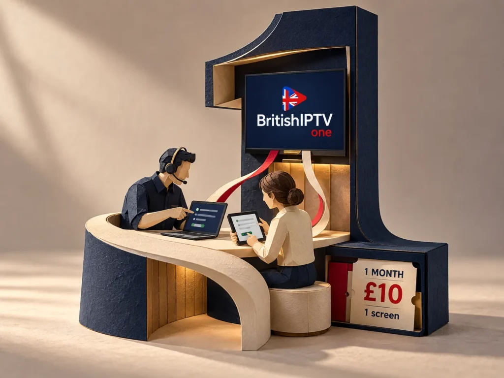 Paper-art illustration of two people providing IPTV service support, with a branded screen and a £10 one-month plan for one screen.