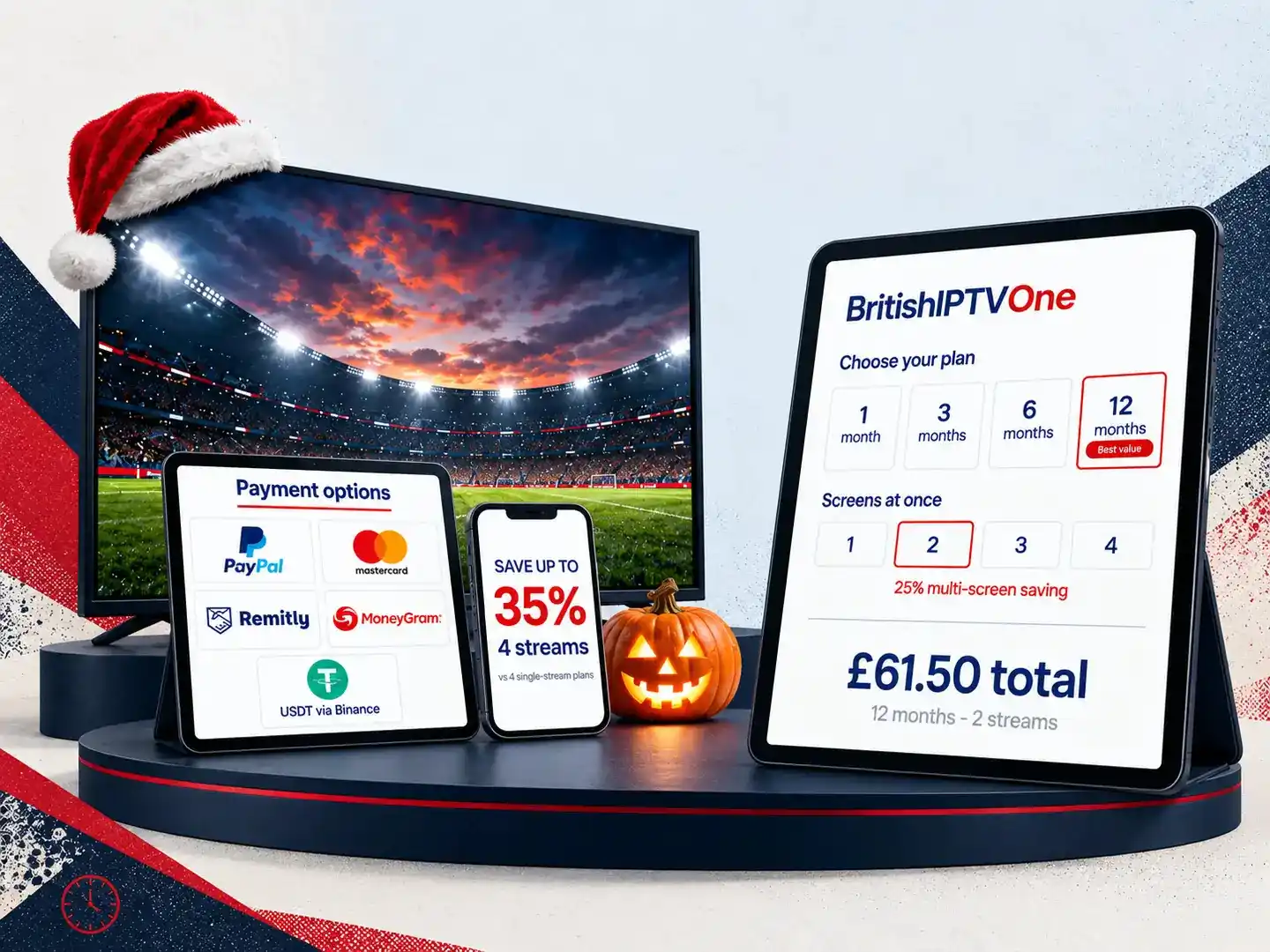 BritishIPTVOne IPTV subscription plans and payment options, with a football TV, multi-screen savings, a Christmas cap and a Halloween pumpkin.