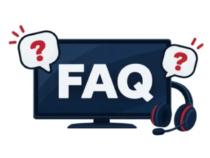 FAQ illustration with a television, question bubbles and a support headset